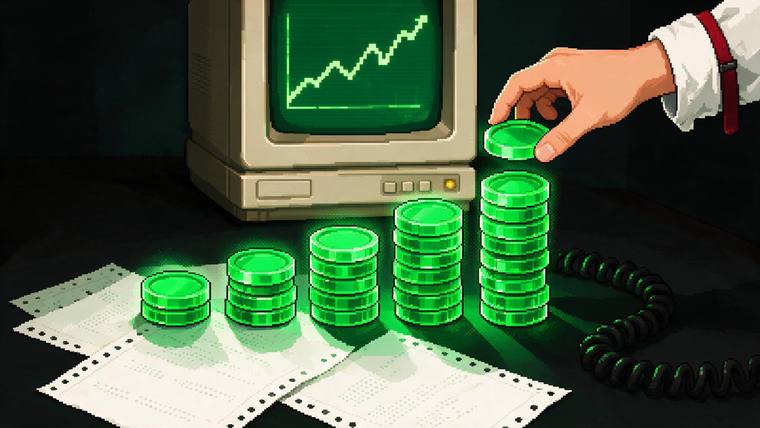 Five growing stacks of glowing green tokens on a desk, a hand adding one more.
