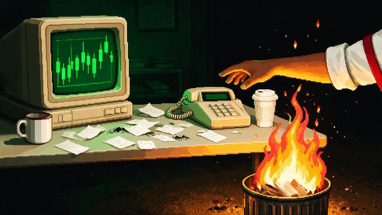A broker reaching for the phone while trade tickets burn in a wastebasket beside his desk.